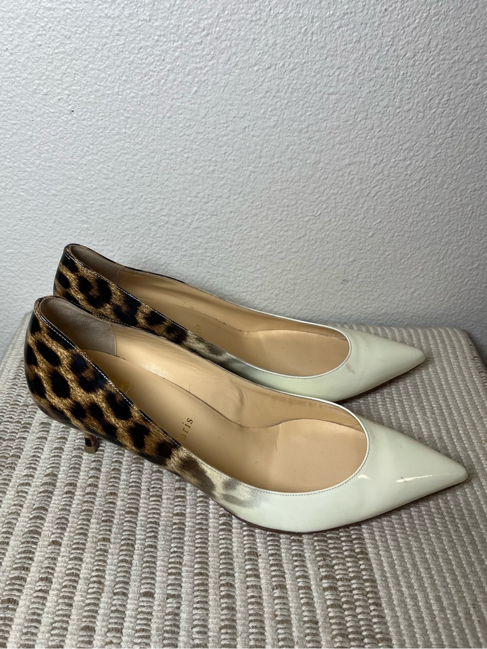 Christian Louboutin Cream Pointed-Toe Pumps with Leopard Patent Heel Size 8.5